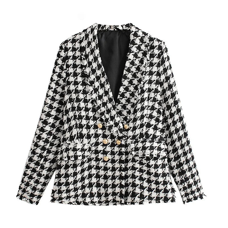 Винтажные двубортные твидовые блейзеры с узором «гусиная лапка», пальто для женщин, модная клетчатая женская верхняя одежда с кисточками, повседневная casaco femme - Цвет: as picture