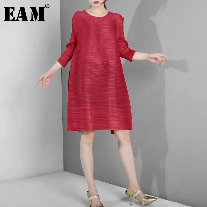 

[EAM] 2020 New Spring Summer Round Neck Three Quarter Sleeve Black Pleated Split Joint Loose Big Size Dress Women Fashion EB0150