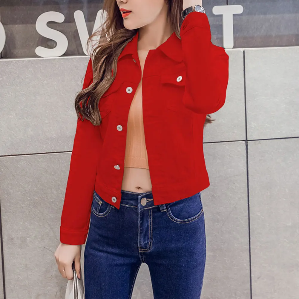 

Travelling Casual Long Sleeve Women Jacket Denim Cropped Fitted Ladies Going Out Cover Up Lightweight Turndown Collar Summer