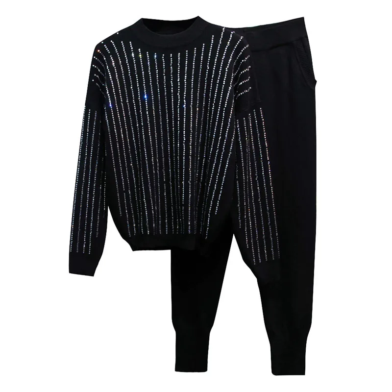 HIGH STREET New Stylish 2019 Fall Winter Runway Suit Set Women's Strass Diamonds Beaded Sweater Knitting Pants |