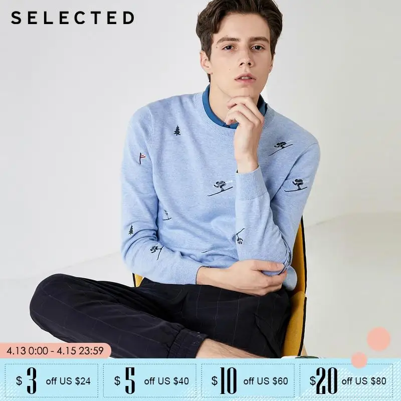 

SELECTED men's 100% Cotton Round Neckline Embroidered Sweater| 419424502