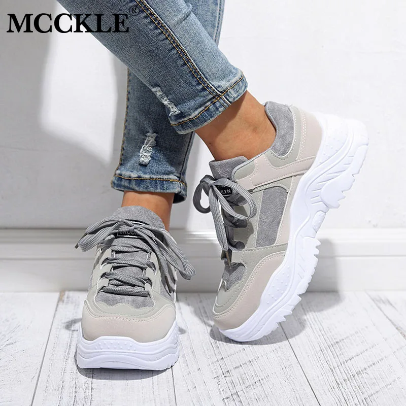 MCCKLE Shoes Women Sneakers Platform Lace Up Mixed Color Ladies Suede Flat Fashion Vulcanized Casual Comfort Footwear Autumn