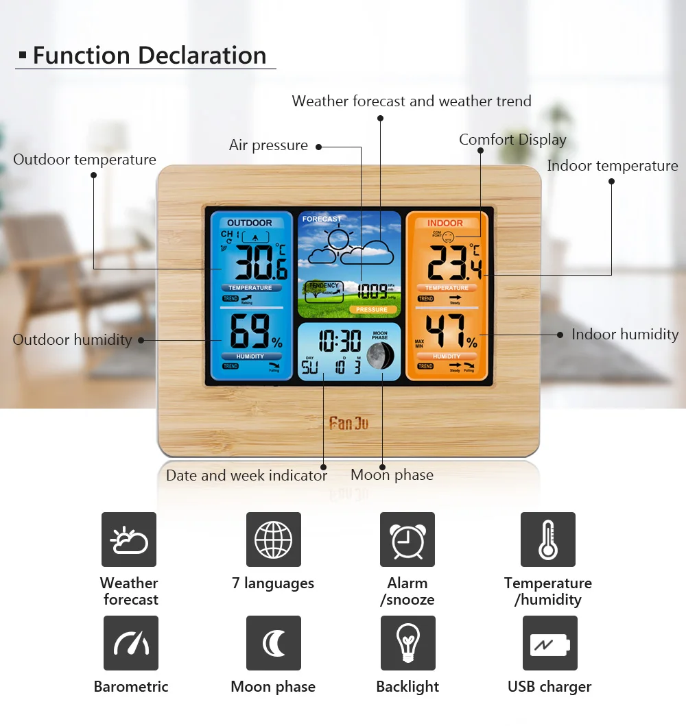 FJ3373 Wall Desk Alarm Clock Multifunction Weather Station Digital Thermometer Hygrometer Wireless Sensor Forecast Temperature
