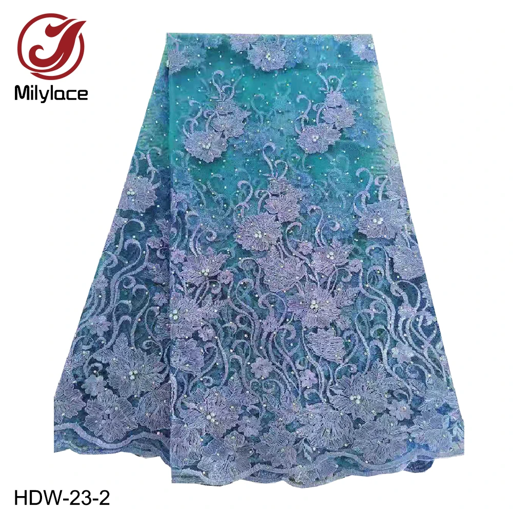 

Milylace blue Nigerian net lace fabric 5 yards beads and stones tulle lace fabric with floral embroidery for dresses HDW-23