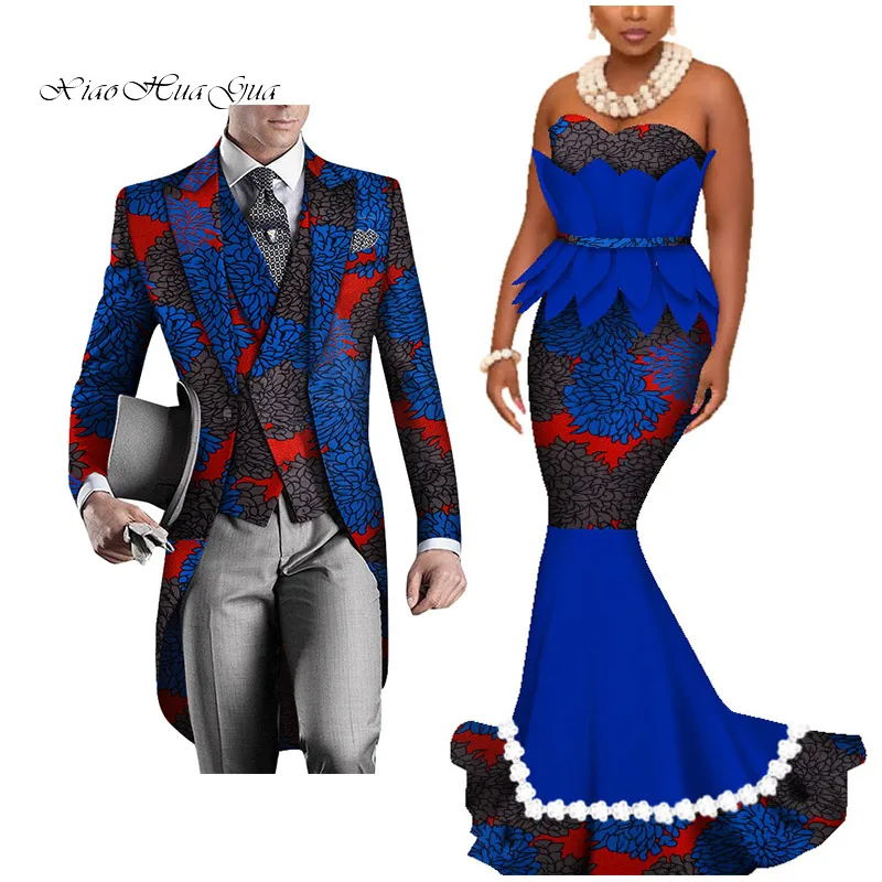 Dashiki African Couple Clothing Women's Dress+Men's Blazer&Vest 3 Pieces Set African Mermaid Print Dresses for Couples WYQ425