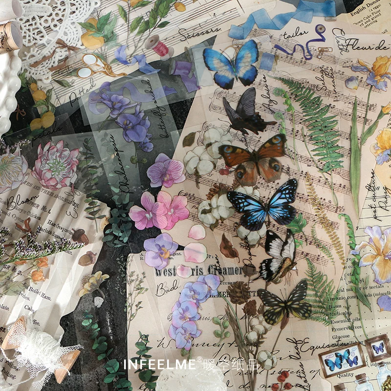 6 Sheet PET Butterfly Flower Plants Series Decoration Stickers Scrapbooking Transparent PET Deco Sticker Journaling Stationery afbeelding