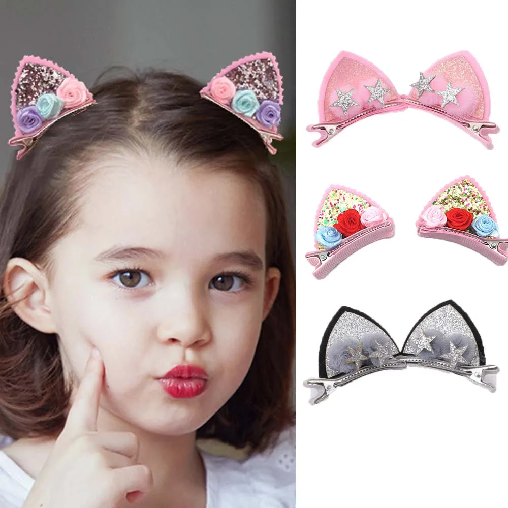 1pair Hair Clips Cat Ears Bow Barrettes for Cute  Children Kids Girls Colorful 