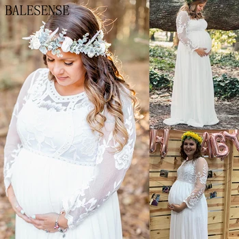 

Maternity Dresses for Photo Shoot Women Long Sleeve V Neck White Lace Chiffon Floral Dress Maternity Gown Maxi Photography Dress