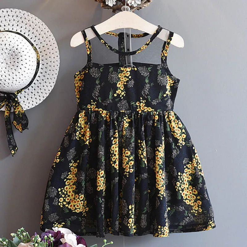 Menoea/Модная одежда для девочек; новые летние платья для девочек; милое плиссированное платье с цветочным рисунком; шифоновое богемное платье с кепкой; платье принцессы - Цвет: AZ1405 Black