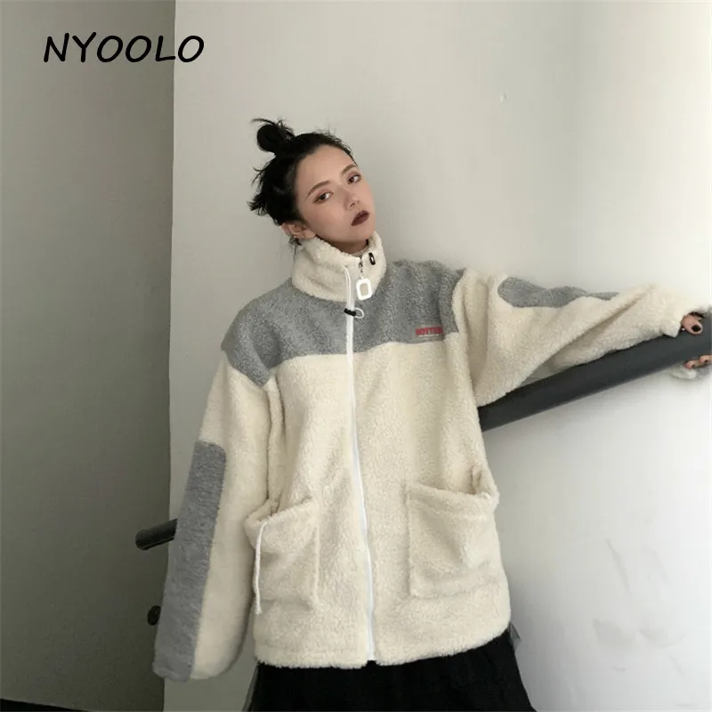 NYOOLO Harajuku стиль уличная одежда с большими карманами лоскутное теплое пальто из овечьей шерсти Осень Зима на молнии куртка-бомбер женская верхняя одежда