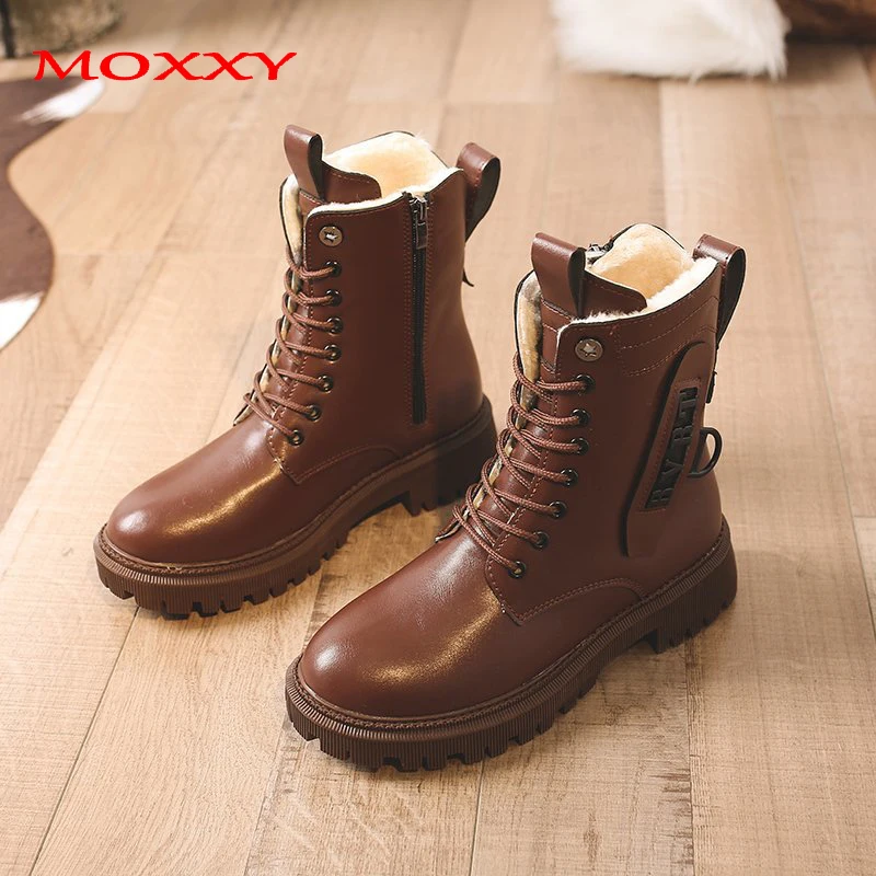 

Moxxy 2020 Winter Plush Warm Black Brown Boots Women Casual Soft Leather Snow Boots Ankle Platform Gothic Shoes Woman Booties