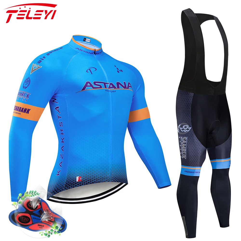 

ASTANA 2019 Blue Team long sleeve Cycling jersey Set bib pants ropa ciclismo bicycle clothing MTB bike jersey Uniform Men clothe