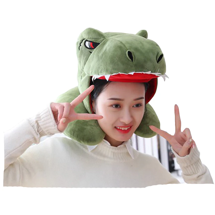 Dinosaur with hat neck pillow hat plush toy hat stuffed toy cap 2 in 1 transforming dinosaur toys dinosaur automatic deformation dino toy with light and sound christmas birthday gifts for boys