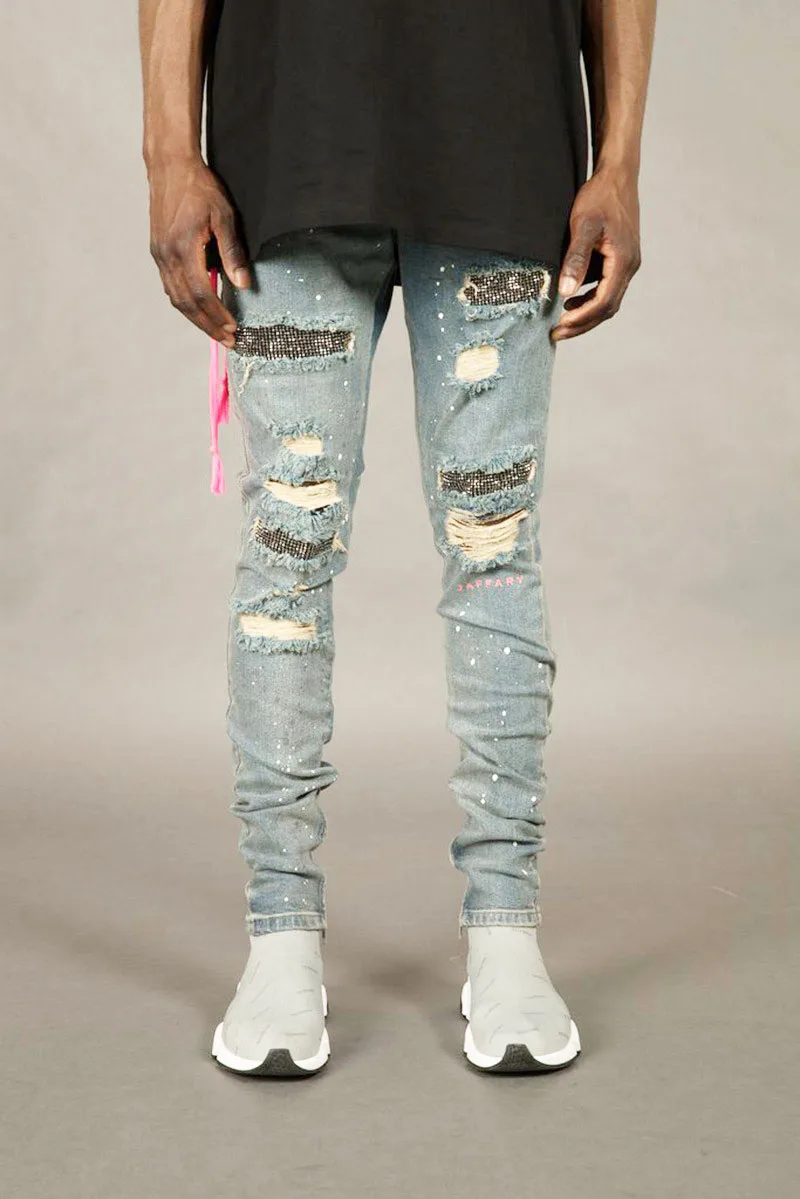 Promotion Men's Jeans Stretchy Denim Skinny Jeans Fashion Ripped Hole Pants Youth Destroyed Pencil Jeans Men Diamond Decoration jean