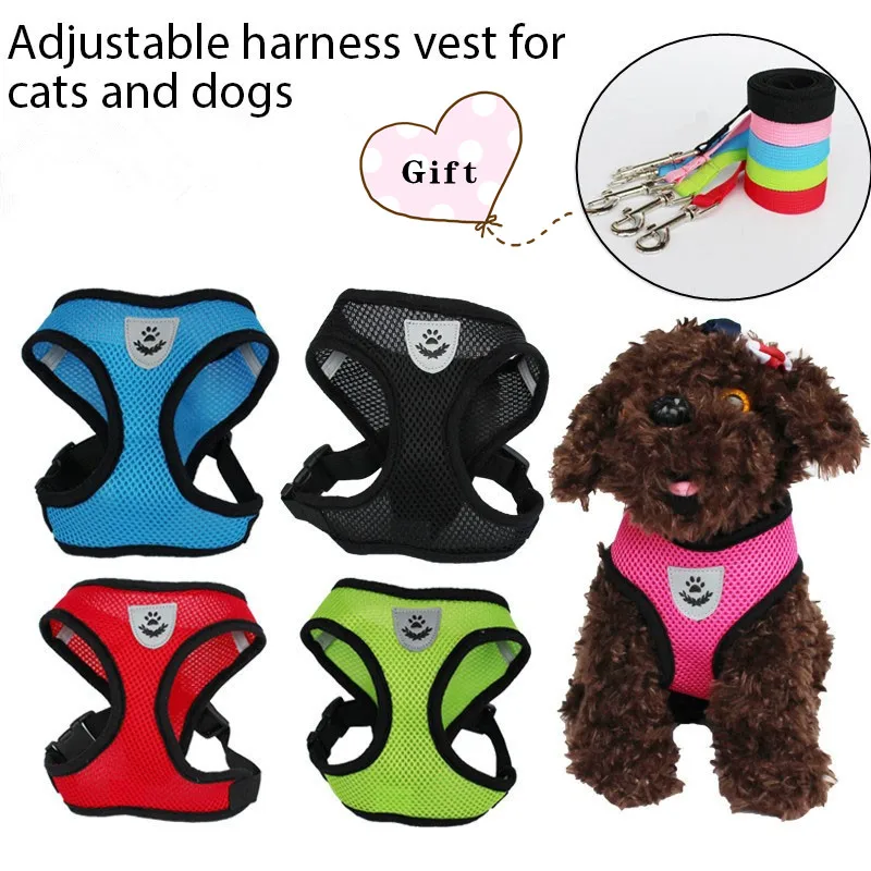 Arnés ajustable para perros y gatos, correa de plomo para pasear, collar para cachorros de malla de poliéster, medianos y pequeños