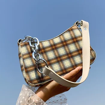 

Fashion Designer Plaid Baguette Handbag Shoulder Bags For Women 2020 High Quality PU Leather Purses And Handbags sac femme Black