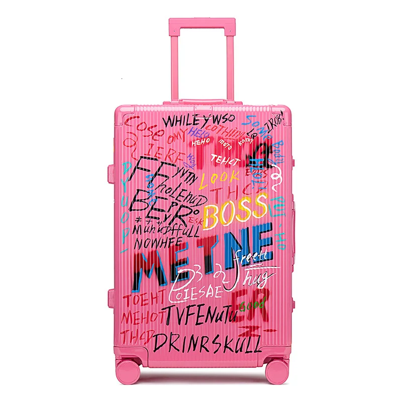 Pink Маленький чехол для костюма с алюминиевой рамкой и граффити, чехол на колесиках для путешествий с паролем, сумка для багажа, сумка для багажа, бесшумная сумка с колесиком Vientiane - Цвет: Pink