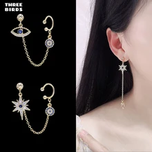 New Trend Cubic Zirconia Blue Eye And Star Asymmetric Earrings Luxury Brand Design Long Earrings For Women Fashion Jewelry