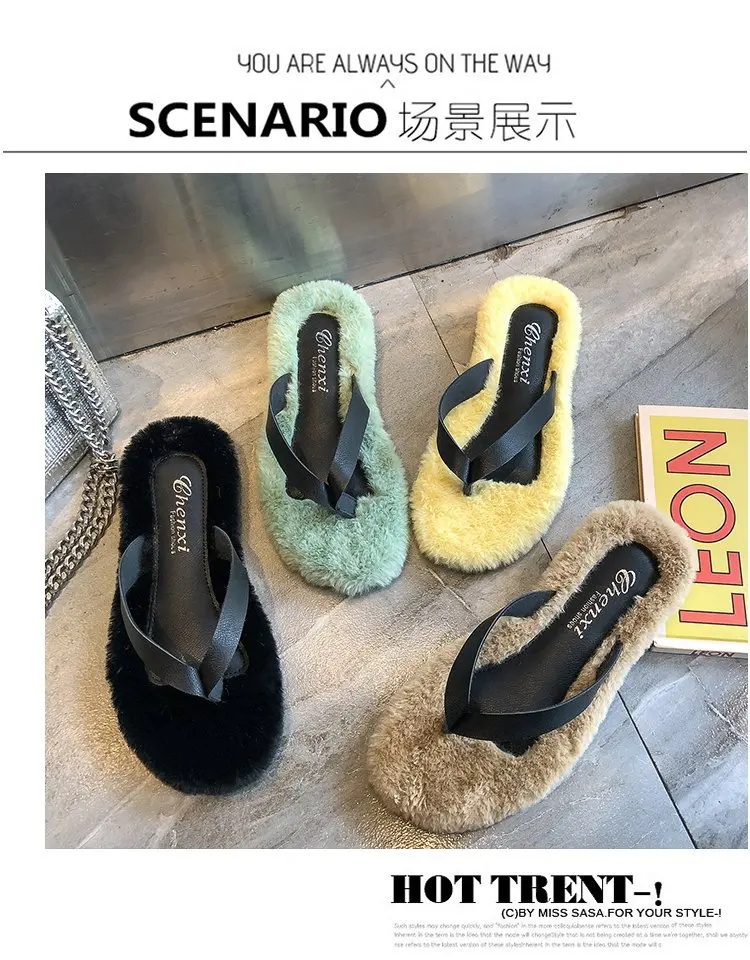 Classics Winter Women Fur Flip Flops Outside Flat Open Toe Women Shoes Solid Casual Faux Fur Slippers