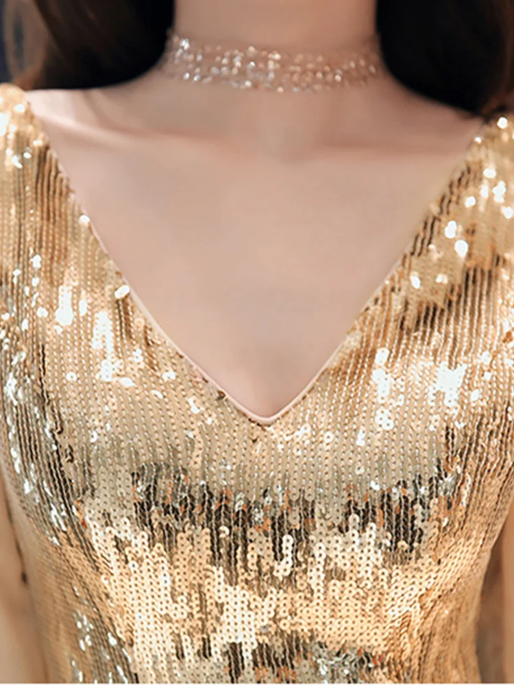 Skkyue вечернее платье с длинным рукавом Robe De Soiree с открытой спиной Женские вечерние платья плюс размер v-образным вырезом с блестками вечерние платья F001