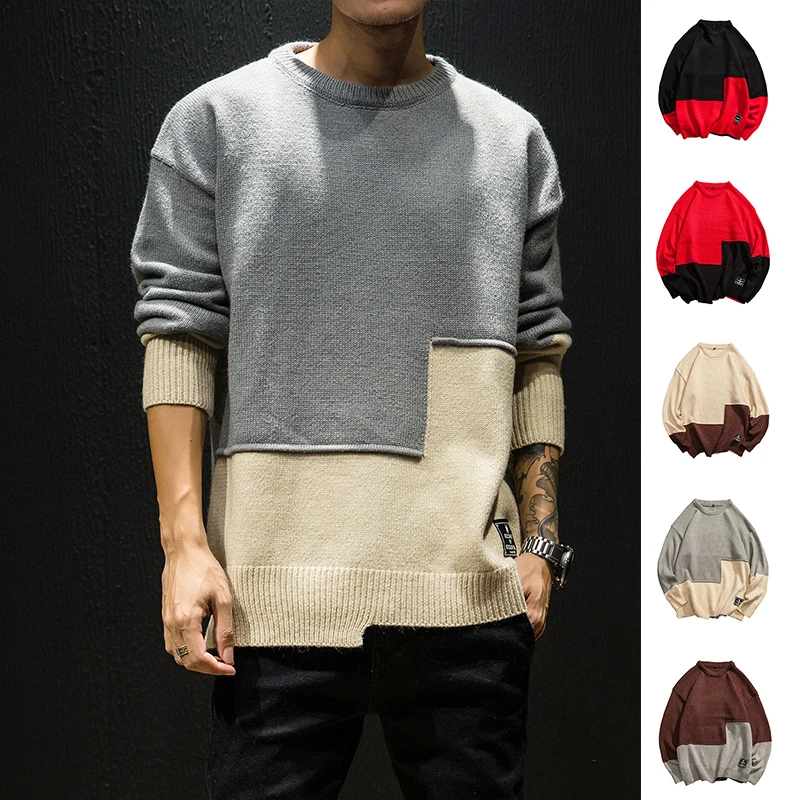 

Men's sweater 2019 autumn and winter new round neck sweater stitching contrast color sweater young people trend men's clothing