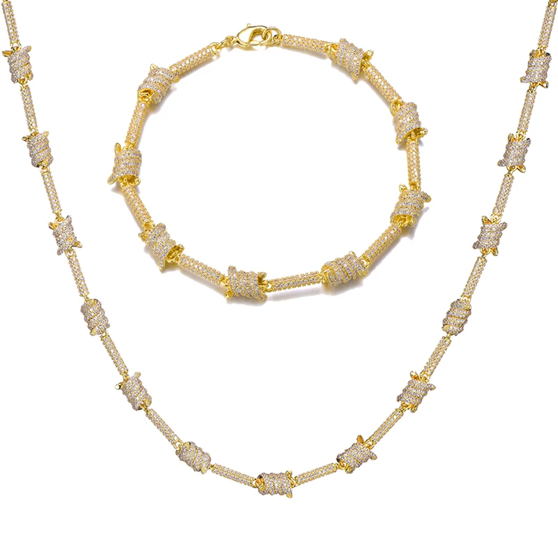gold combination D& Z 1 компл. Хип хоп Iced Out проложили CZ колючая проволока цепочки и ожерелья Цепь для хипстера медь с AAA циркон Chaine Homme - Окраска металла: gold combination