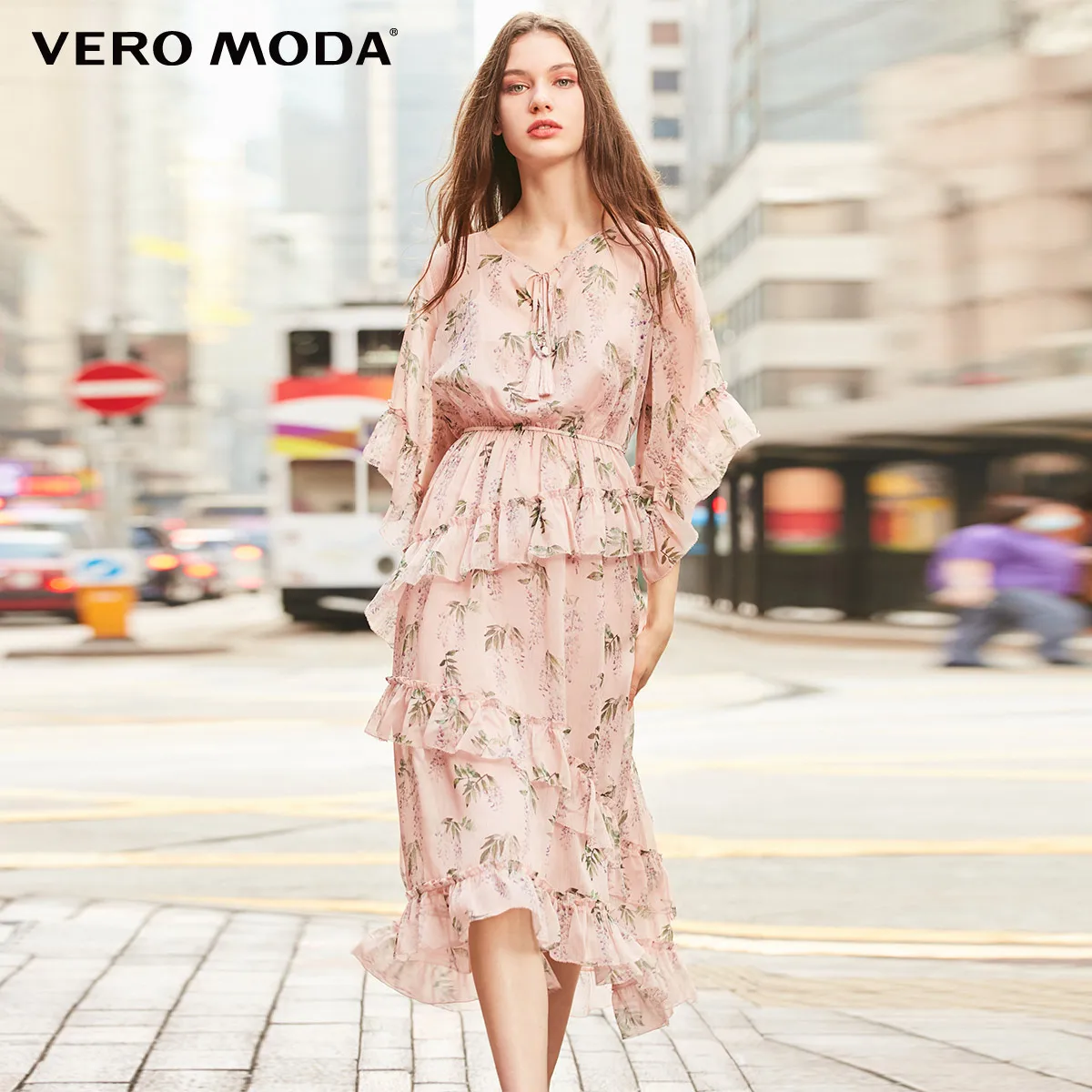 Vero Moda женское платье средней длины с принтом и оборками | 31917C539 - Цвет: Rose smoke