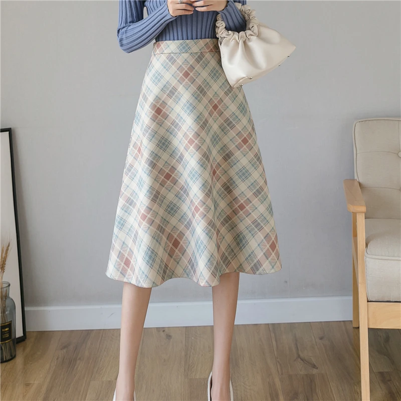 Autumn Winter Elegant Women  Vintage Plaid Woolen Midi skirts  High Waist Retro Female A-Line Office lady skirt