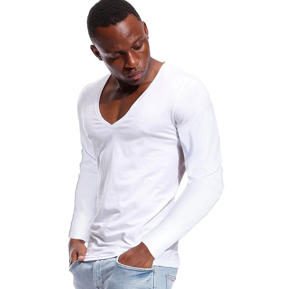 Solid Color Tshirt For Men Deep V Neck Top Tees Male Low Cut Wide Collar  Cotton Slim Fit Long Sleeve Men T Shirt - T-shirts - AliExpress