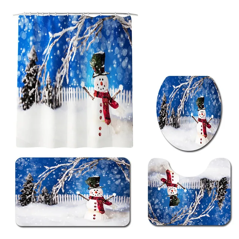 4 шт. веселая Рождественская душевая занавеска в комплекте с принтом снеговика нескользящий в ванную унитаз полиэфирный коврик костюмы@ D