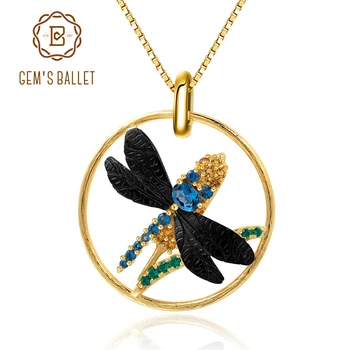 

GEM'S BALLLET 925 Sterling Silver Gemstone Fine Jewelry 0.22Ct Natural London Blue Topaz Dragonfly Pendant Necklace For Women