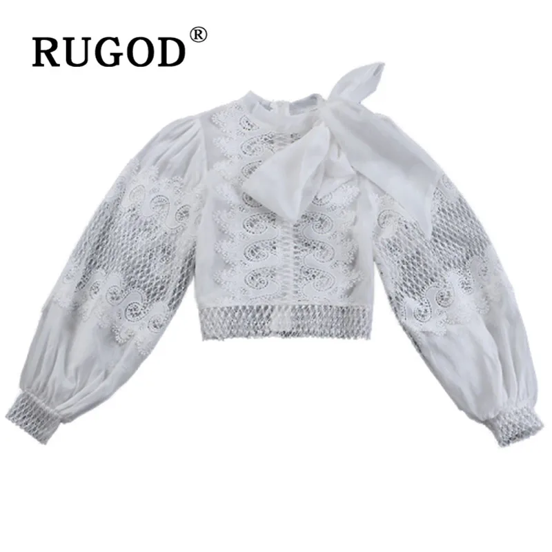 RUGOD Весенняя кружевная блузка, женские блузки с длинным рукавом, корейская модная одежда, женские рубашки, рукав-фонарик, бант, сексуальный топ