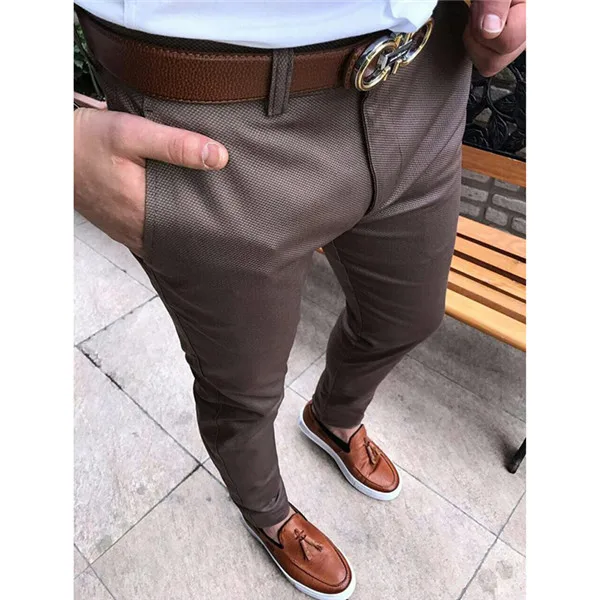 Коричневый Men Slim Fit Business Formal Pants Casual Office Stylish Straight Solid Trousers Male Casual Long Pants - Цвет: Коричневый