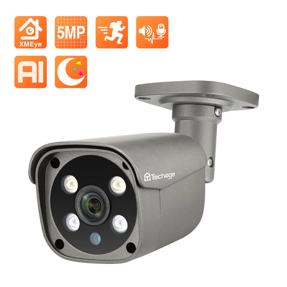 Photo Product Techage H.265 5MP PoE IP Camera Outdoor Waterproof Video Recording Security Camera Ai Human Detection Two Way Audio Color Night