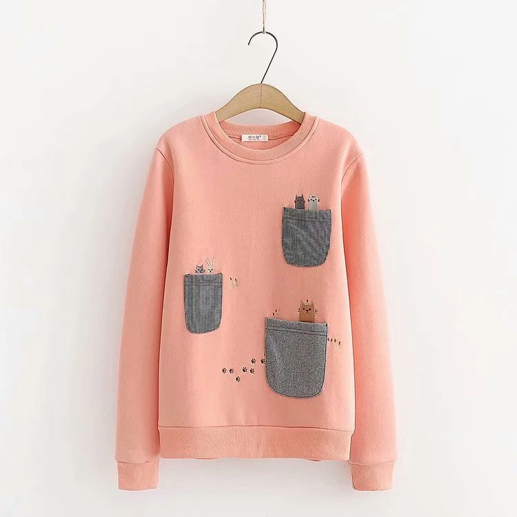 Merry Pretty женские толстовки Harajuku с вышитым котом из мультфильма толстовки Winte плюс бархатные пуловеры с длинным рукавом и круглым вырезом