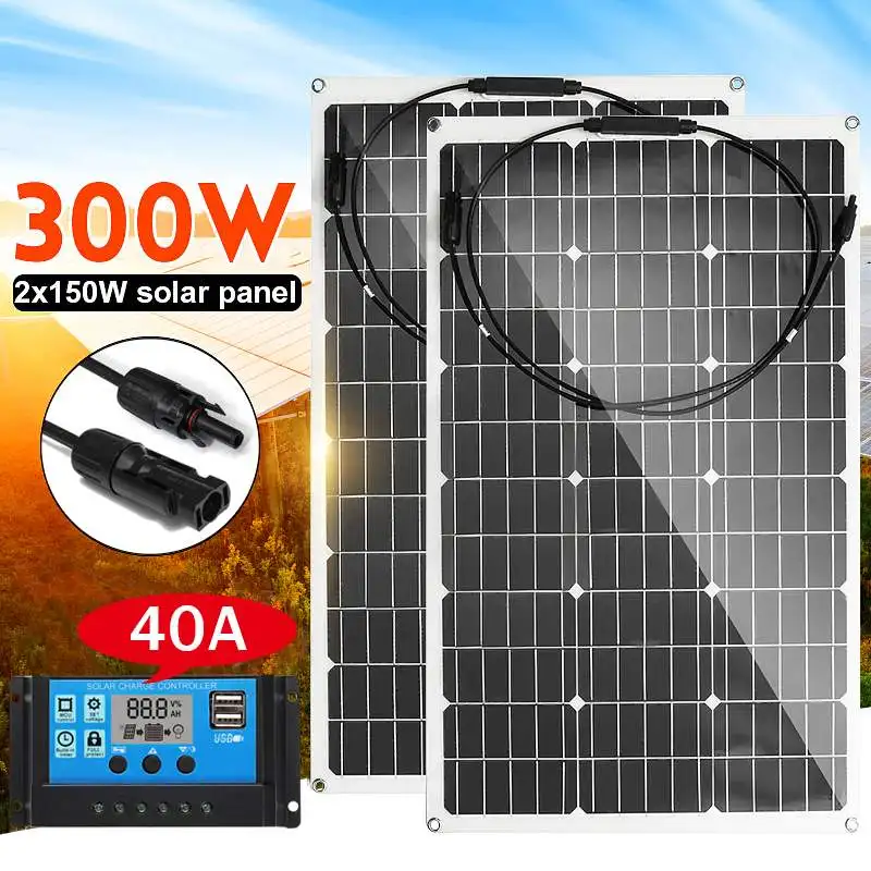 

18V Semi-flexible 300W Solar Panel Monocrystalline Solar Cell DIY Cable Outdoor Waterproof Battery Charger+40A Conrtoller