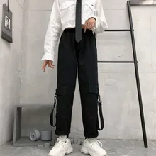 Черные брюки-карго с высокой талией, Женские однотонные свободные уличные узкие брюки с карманами,, Модные осенние женские брюки в стиле хип-хоп для девушек