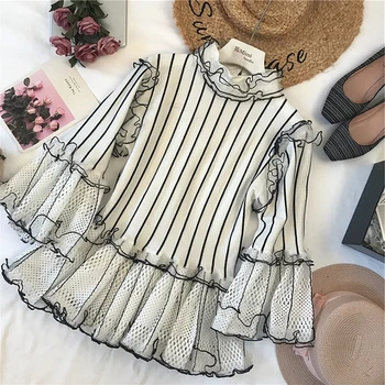 

Spring and Autumn New Lotus Leaf Side Hollow Out Flare Sleeve Knitting Sweater Woman Fashion Stripe Sweater Turtleneck Knitwear
