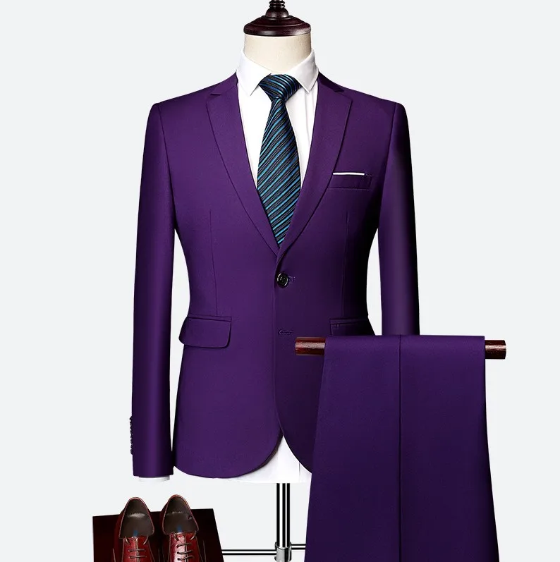 Purple Пиджак+ брюки, новые мужские деловые тонкие костюмы, одноцветные Свадебные офисные костюмы из двух частей, блейзеры, пальто, брюки, жилет - Цвет: Purple