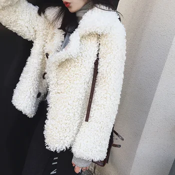 

Women thick white faux fur coat designer quality single breasted autumn winter furry teddy coats warm reversible outerwear 2019