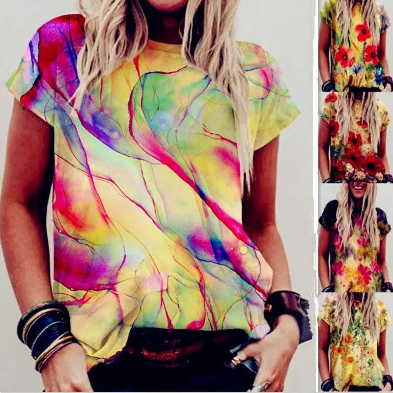 Женская футболка с коротким рукавом свободная Винтажная объемным цветочным