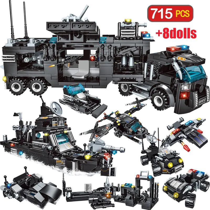 

715pcs City Police Station Car Building Blocks For City SWAT Team Truck House Blocks Technic Diy Toy For Boys Children