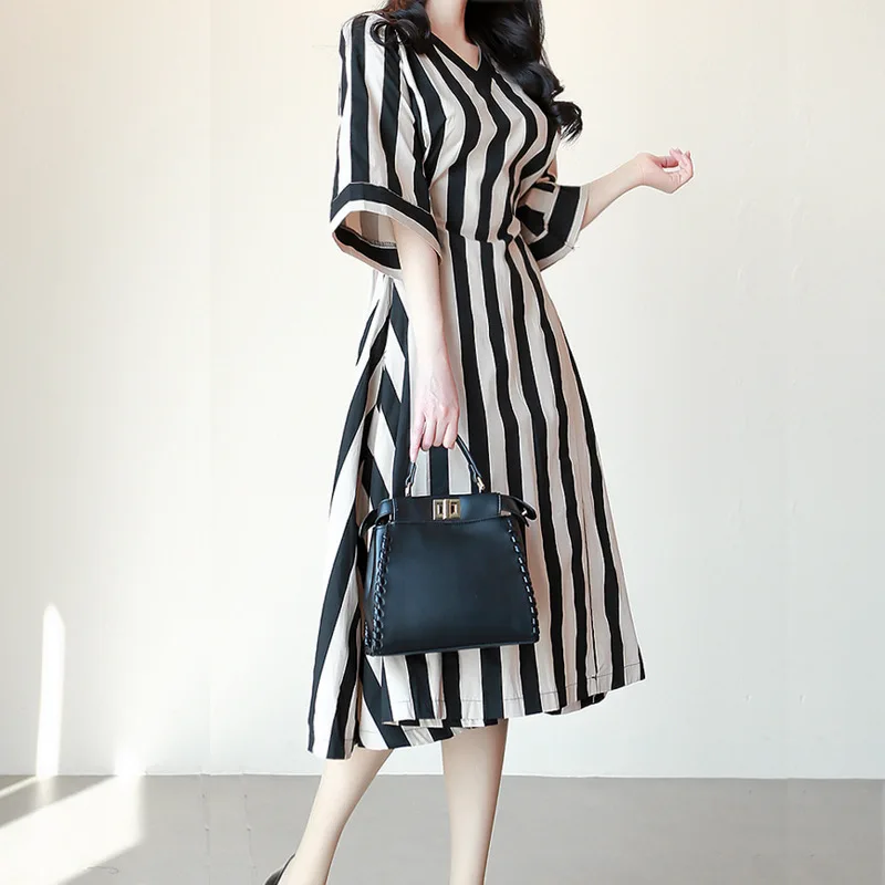 

2019 Summer Wear New Style Korean-style Ol Elegant V-neck Stripes Lace-up Waist Hugging Loose-Fit Large Hem Dress Women's