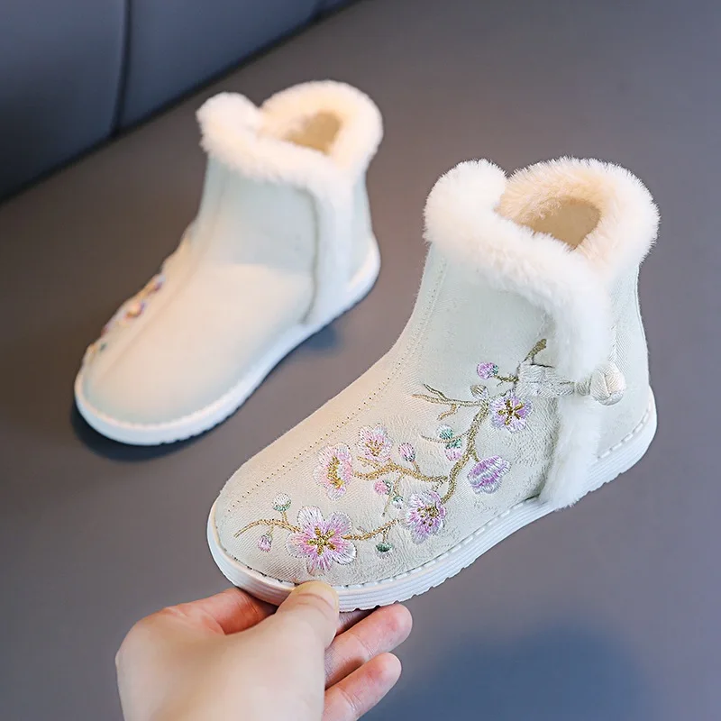 Winter Girls Boots Chinese Style Hand-embroidered Floral Cotton Shoes Children Warm Plush Snow Boots Winter Shoes Kids Boots Red