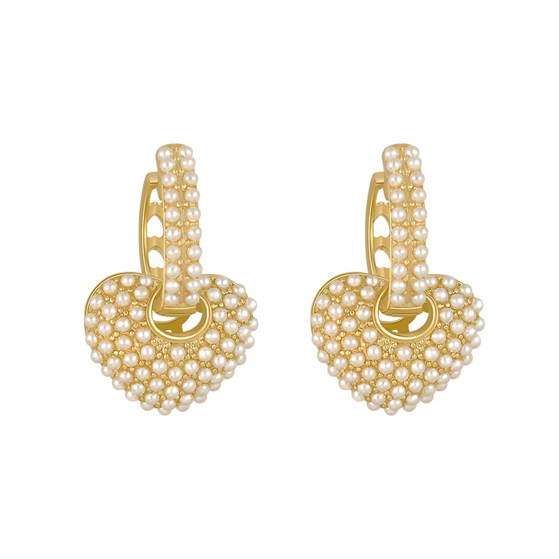 Korea New Design Fashion Jewelry Sweet Love Full Pearl small hoop 14K real gold Earrings Elegant Women Wedding Party Earrings