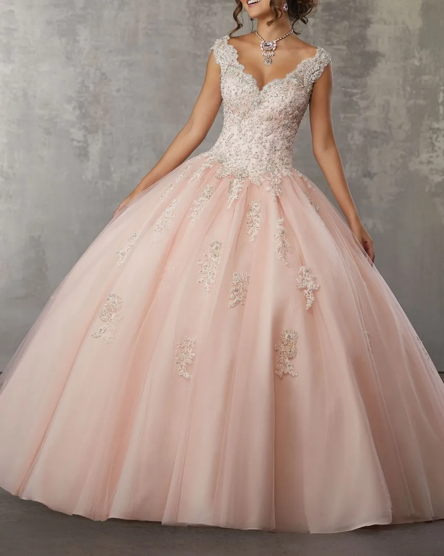 Vestidos de Quinceanera бальное платье с v-образным вырезом, кружевное Элегантное свадебное платье, милое 16 пышных платьев для девочек, платье для выпускного вечера