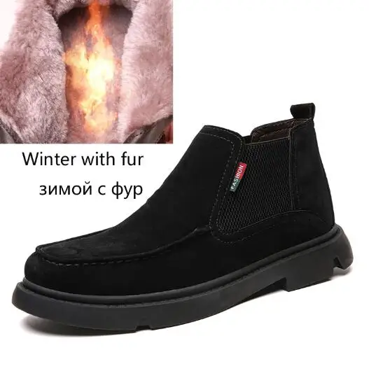 black Plush lining Мужские ботинки «Челси»; простые мужские ботинки из коровьей замши с острым носком; повседневные ботинки высокого качества; сезон осень-зима; большие размеры 39-48 - Цвет: black Plush lining