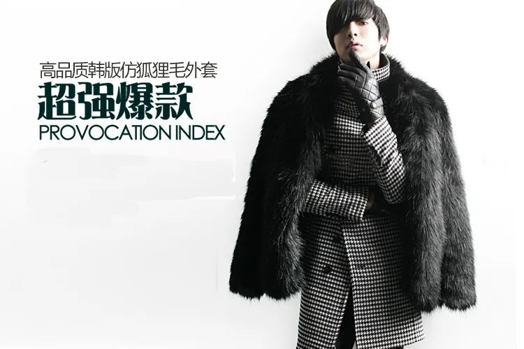 winter faux fur coat Vetement men Furry luxury black Furry fox fur coat Mandarin collar shaggy fur jacket Plus size S~3XL
