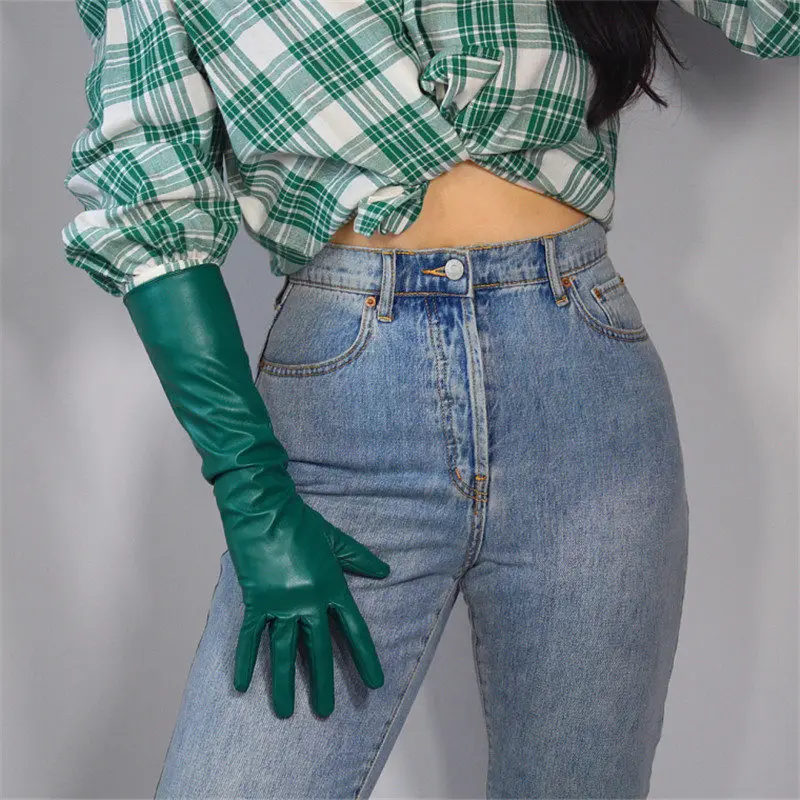 40cm dark green Кожаные перчатки для сенсорного экрана длиной 2" 50 см из имитации кожи ягненка темно-зеленые женские перчатки с длинным рукавом PU162 - Цвет: 40cm dark green