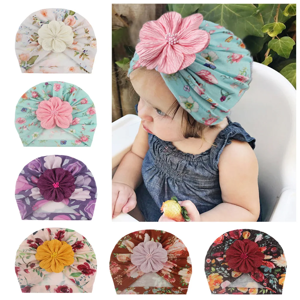 Gorros de flores plegables con perlas para bebés, turbante estampado elástico, accesorios para recién nacidos, accesorios para fotos